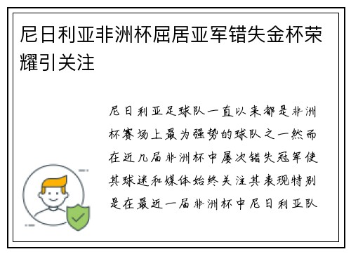 尼日利亚非洲杯屈居亚军错失金杯荣耀引关注